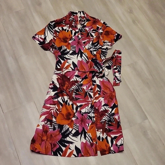 🛍Carribean Joe Womens Large Floral Front Tie‎ Wrap Dress Tropical Travel Casual - Picture 1 of 4